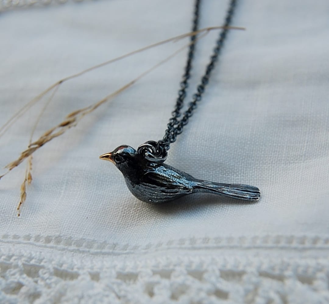 Oxidized Sterling Silver Blackbird Necklace, Gold Dipped Beak - Etsy