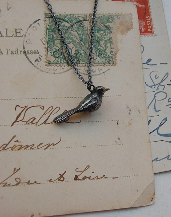 Oxidized Sterling Silver Blackbird Necklace, Gold Dipped Beak - Etsy