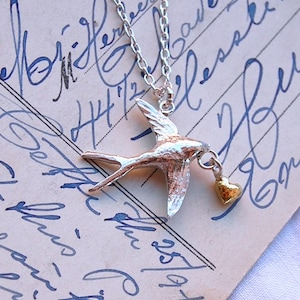 Swallow & Gold Dipped Heart Necklace, Swallow Necklace Sterling silver, Silver Bird Necklace, Swallow Jewellery, Swallow Jewelry