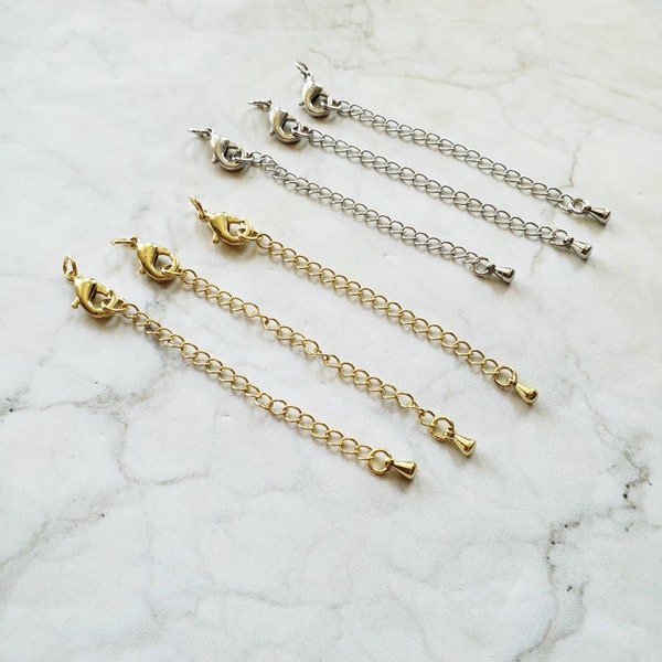Lobster Claw Clasps With Chain Extender 70mm, Non Tarnish Real Gold, Real Platinum Plated, Necklace Making Extension Chain W/ Open Jump Ring