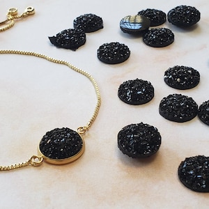 Black 12mm Flat Faux Druzy Cabochons Earring making jewelry supplies, Round resin bezel Cabochon DIY