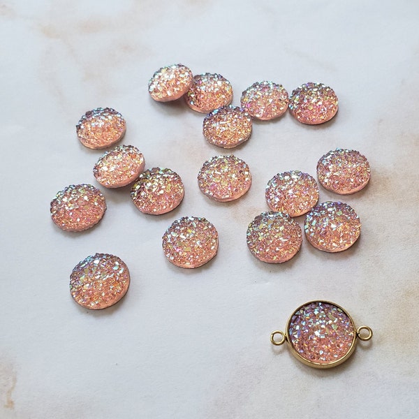 Pink 12mm Flat Faux Druzy Cabochons Earring Making Jewelry Supplies, Round Resin bezel Cabochon DIY