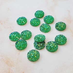 Green 12mm Flat Faux Druzy Cabochons Earring making jewelry supplies, Round resin bezel Cabochon DIY