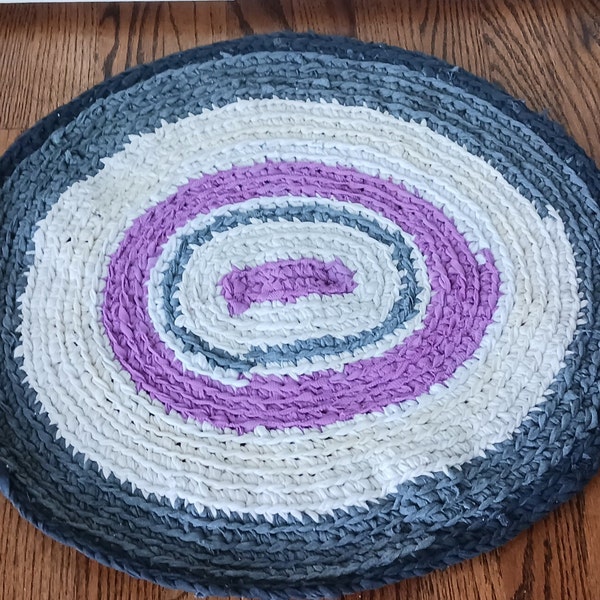 Vintage. Shabby. Handmade. Crocheted rug. Oval or Round Different Shades of Purple, Black, Gray, Off white and more. Folk art