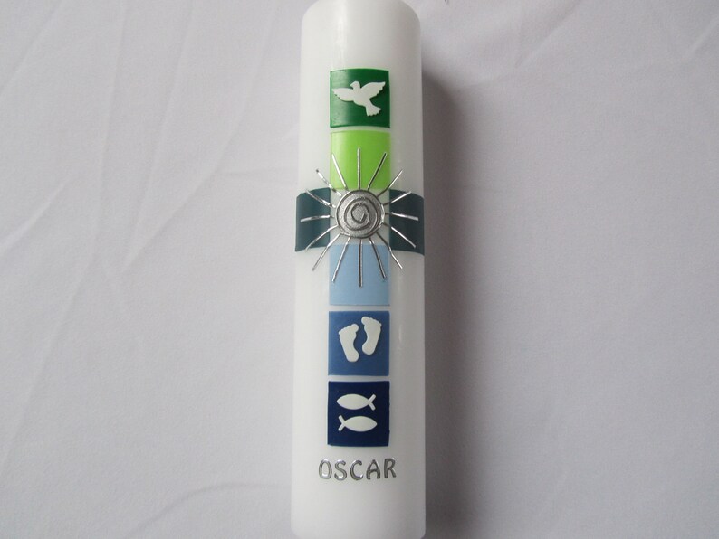 Baptismal candle cross blue-green image 1