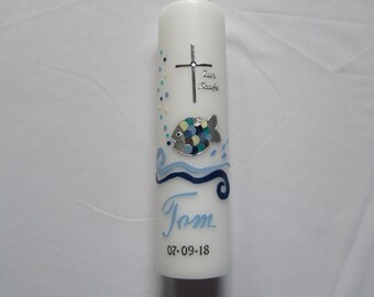 Baptism candle rainbow fish blue