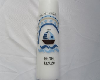 Baptism candle with boat and rainbow