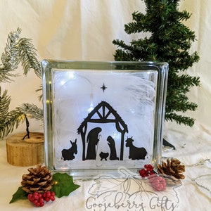 Glowing Christmas Nativity Glass Block | Twinkle Lights and Tulle Christmas Decor | Small Area Desk Decoration