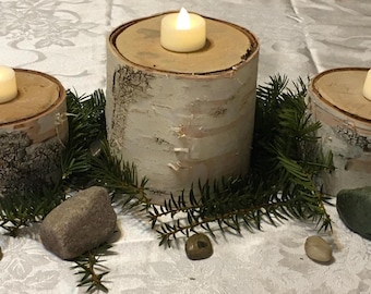 Rustic Birch Pillar Candle Holders, Table Centerpiece, Set of 3