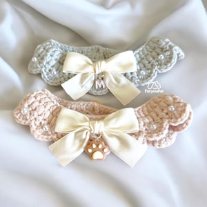 Personligt vintermysigt halsband för husdjur med rosett, varmt och elegant handgjort virkat halsband i krämfärgad/grått, justerbart för katt och hund