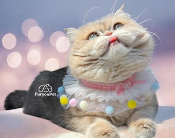 Handmade Pastel Pet Collar Pom Pom Ruffle for Cat Dog, Pink Blue Bow, Wedding, Birthday, Celebration, New Year Eve, Cat Dog Lover Gift