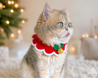 May include: A light brown cat wearing a red and white crocheted collar with a scalloped edge, a small green bow, and a gold bell. The collar features a festive design with a repeating pattern. The cat has green eyes and a small tongue visible.