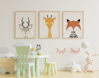 Cute Animals Kinderzimmerbilder für Jungen und Mädchen / A4 / niedliche Tiermotive Baby Zimmer, Skandi Design