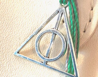 Wizard School green/silver Deathly Hallows Bag Tag, LOHBraceletsCo, fantasy purse charm