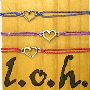 Small Open Heart Bracelet, loh bracelets, wax polyester