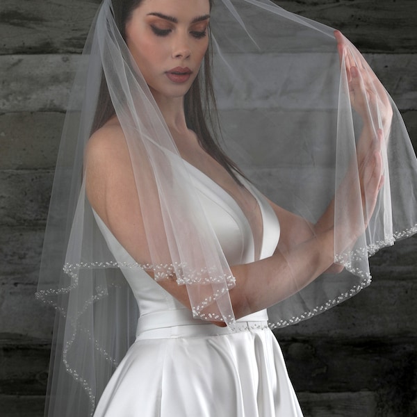 Beaded edge veil, 2 tier wedding veil, beaded wedding veil, weddinf veil with beads, cathedral fingertip wedding veil, royal beaded veil