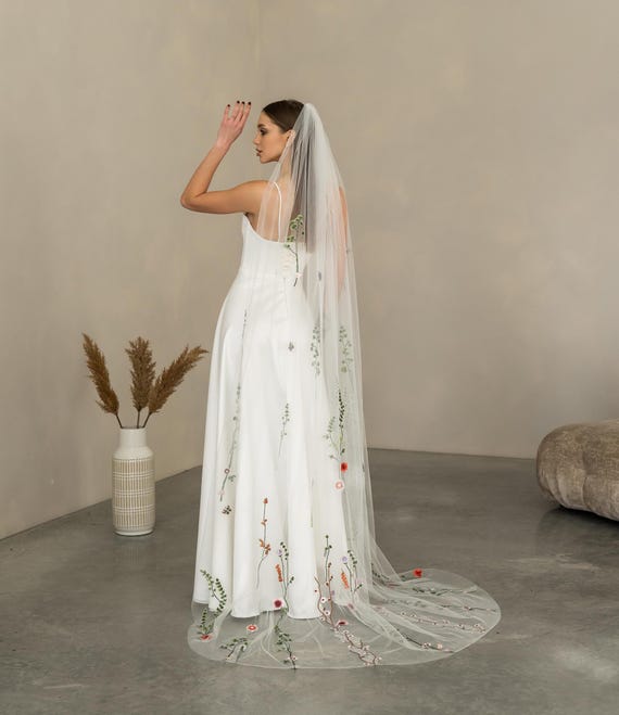 Bohemian Wildflower Cathedral Veil, Colorful Floral Appliqué 