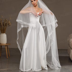 Two-Tier Wedding Veil: Satin Edge Bridal Blusher, Cathedral Length