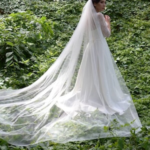 May include: A bride in a white wedding dress and veil stands in a lush green environment. The long veil cascades down, creating a flowing effect. The dress has a simple design, with lace sleeves and a fitted bodice.