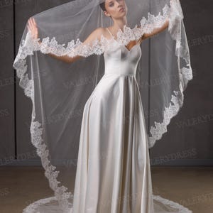 May include: A white satin wedding dress with a sweetheart neckline and a long, flowing skirt. The bride is wearing a sheer veil with intricate lace trim. The veil is held up with both hands.