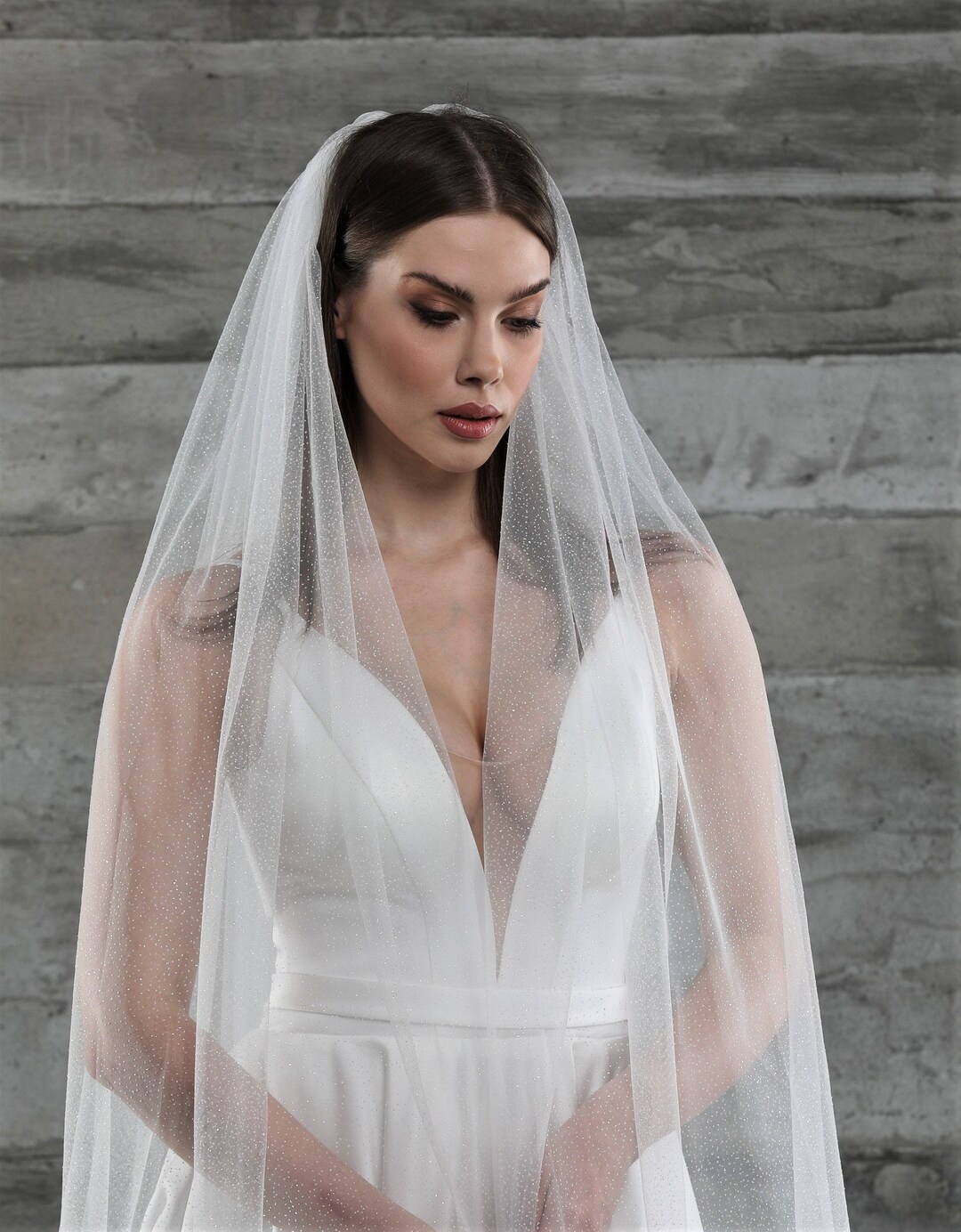 Glitter Wedding Veil, Bridal Veil Glitter Tulle, Minimalist Veil, Plain