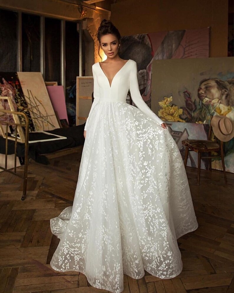 Romantic Long sleeve satin wedding dress with tulle lace image 1