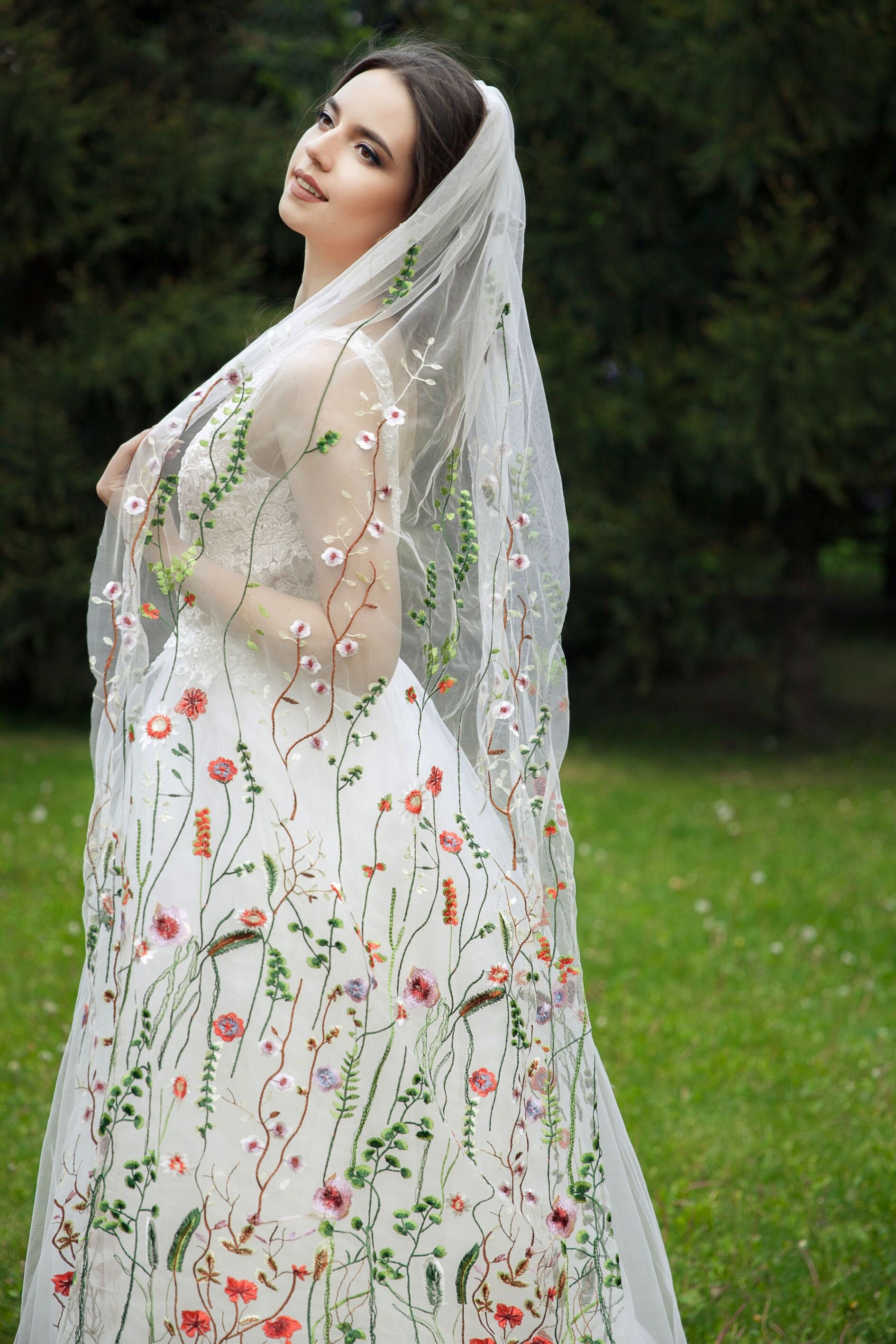 European Style Short Bridal Veil with Flowers - UCenter Dress