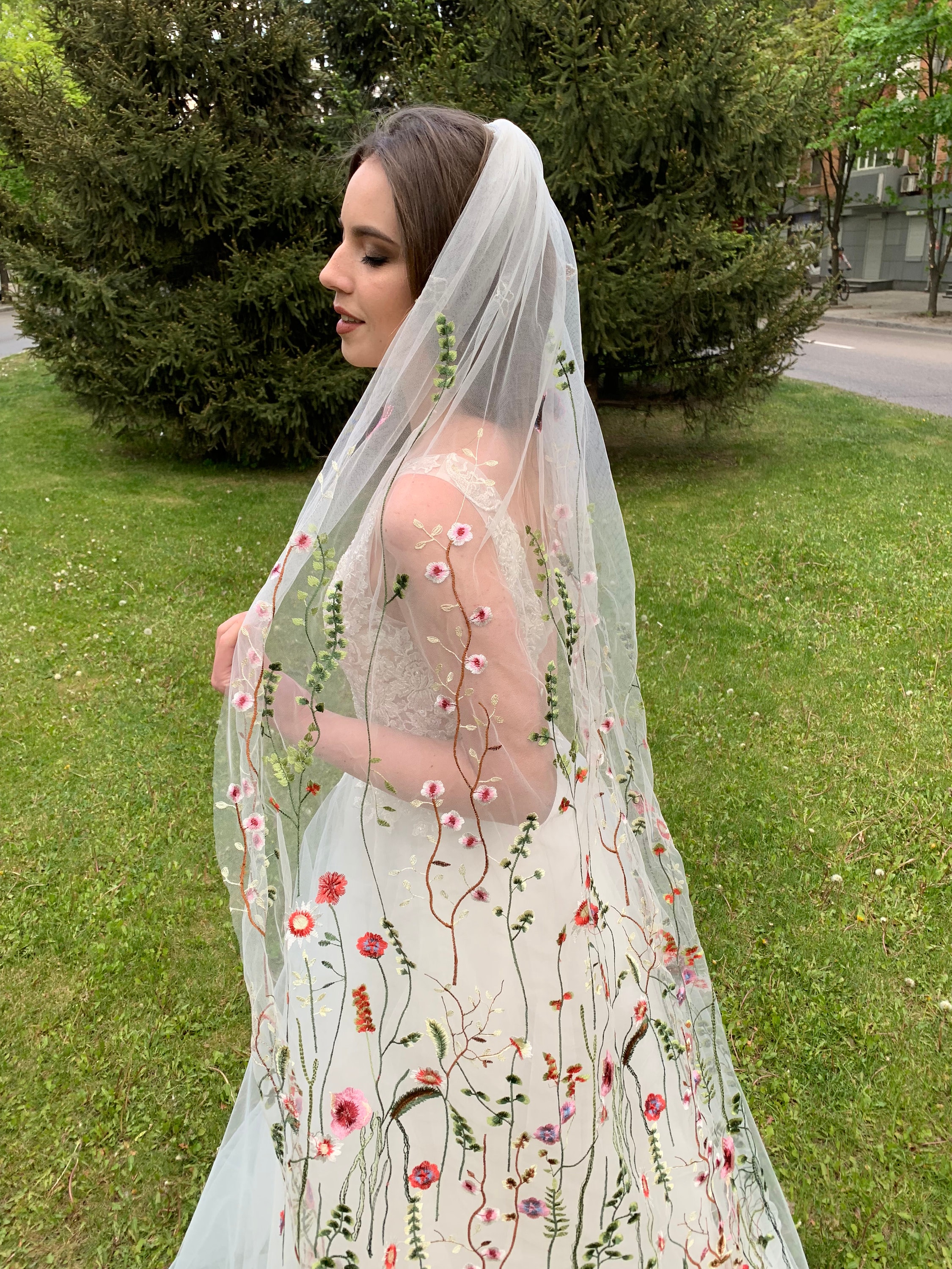 One Blushing Bride Floral Cathedral Wedding Veil with Flower Blooms in Chiffon Silk Light Ivory / 90 Inches