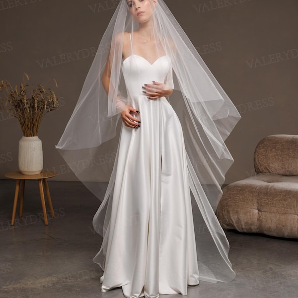 Two Tier Wedding Veil with Blusher: Soft Tulle, Cathedral Length