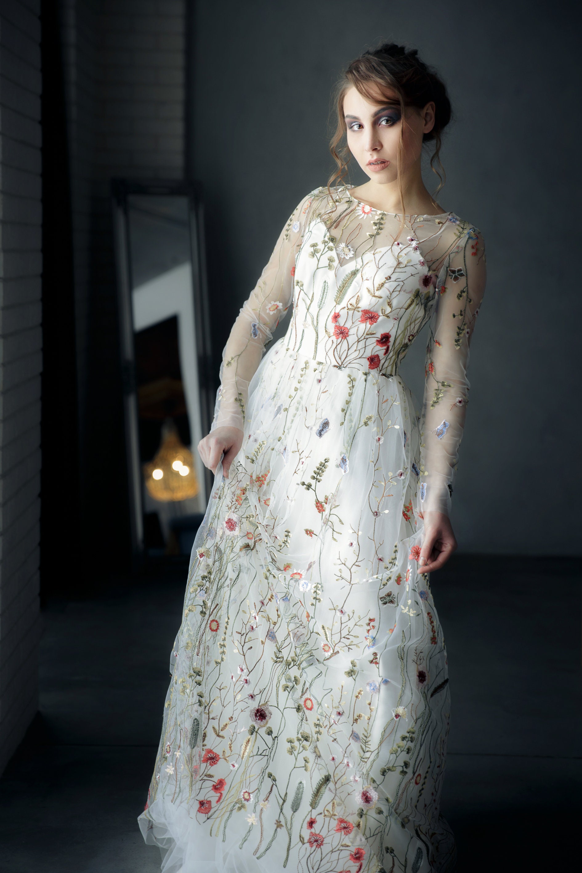 flower embroidered wedding dress