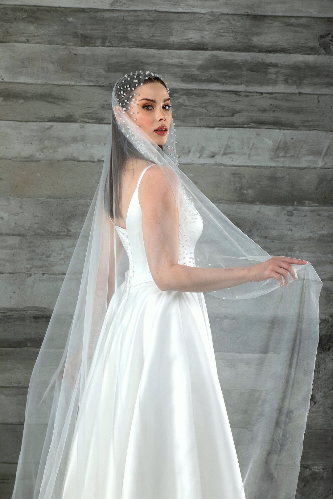 Beaded Veil, Pearl Trim Veil, Pearl Veil Cathedral, Pearl Wedding Veil