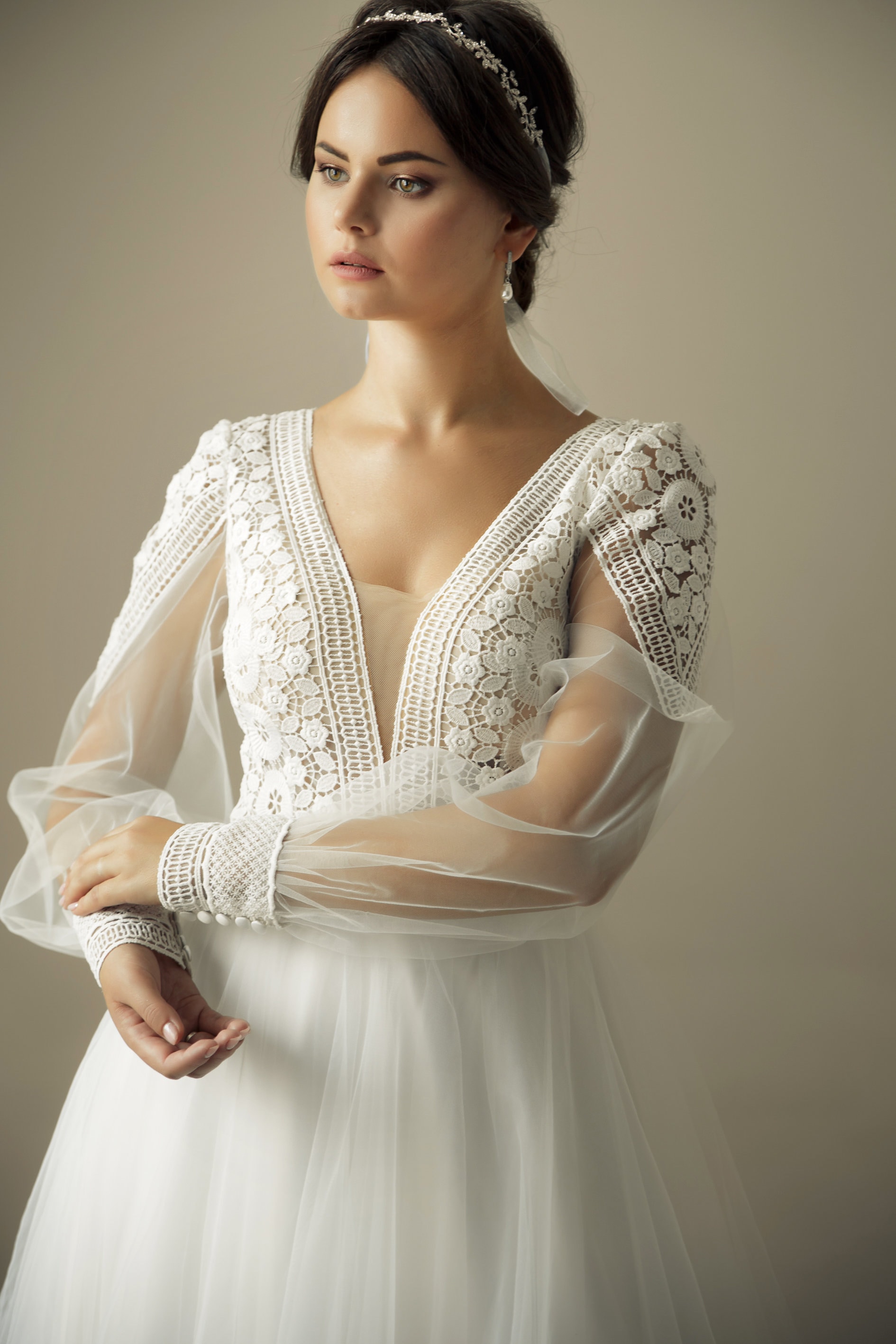 Wide Long Sleeves Wedding Dress Romantic Vintage Wedding Dress | Etsy