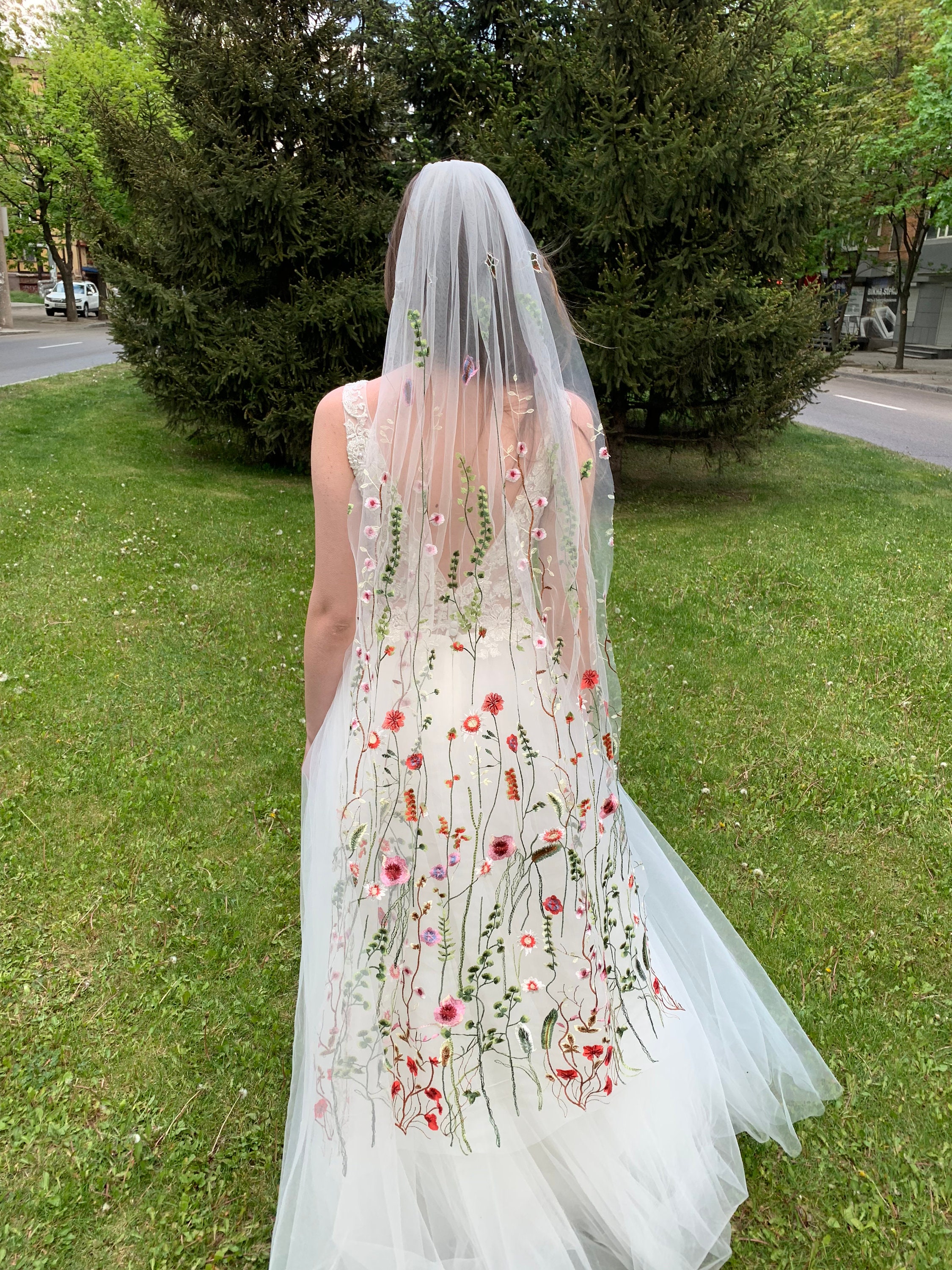 Twigs & Honey Cathedral Train Veil, Bridal Floral Veil - Floral Embroidered Bridal Train Veil, Cathedral - Style #2390