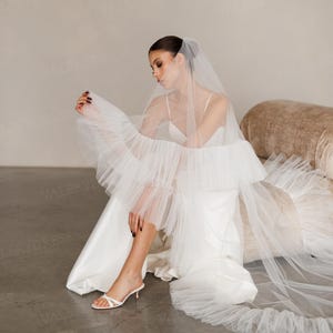 Ruffle Wedding Veil with Blusher: Soft Tulle Bridal Headpiece