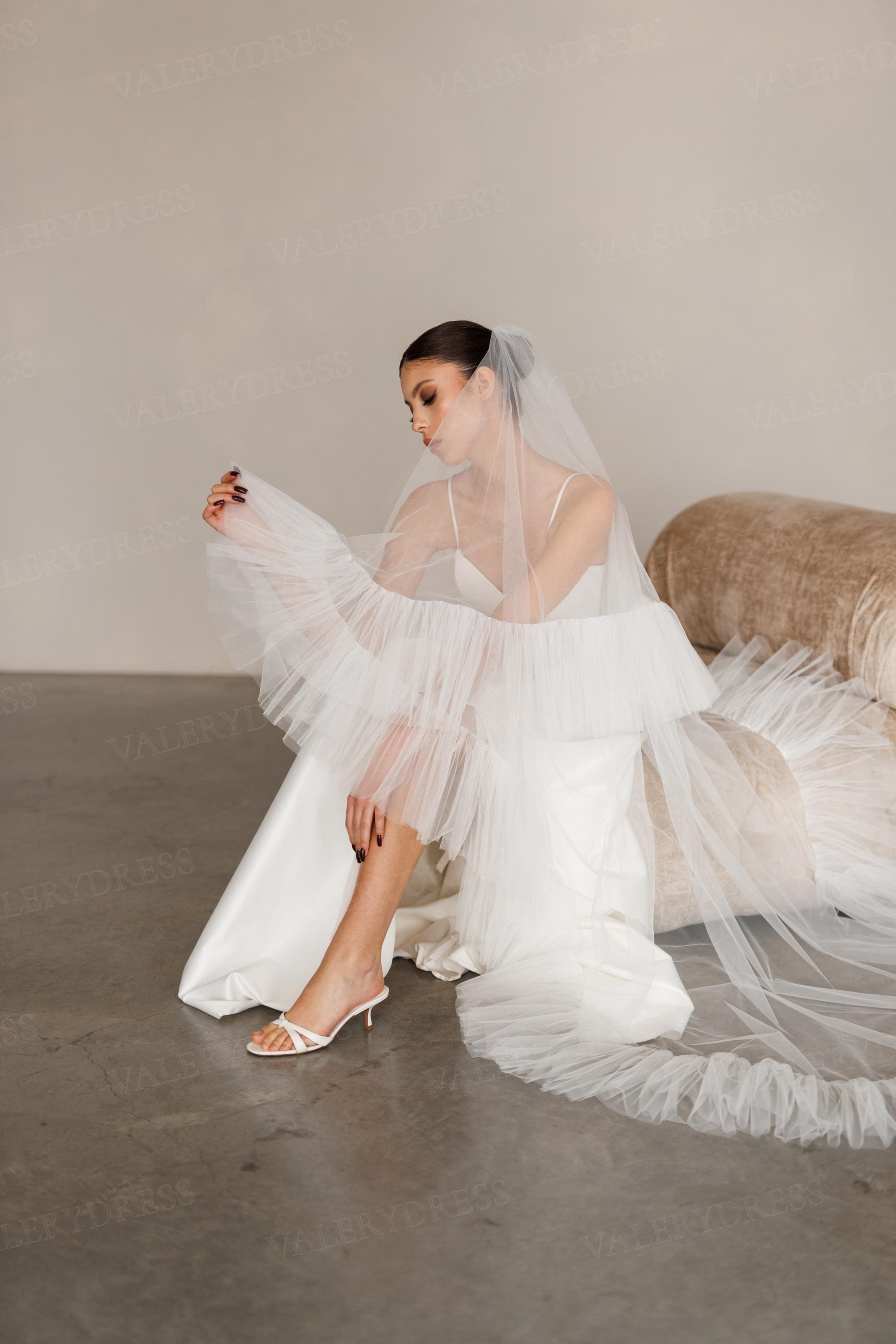 Light Ivory Ruffle Veil - 54” Long with Blusher Wide cathedral veil with extra long blusher - Style #668 main image 2