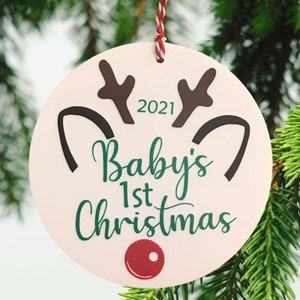 Babys First Christmas Reindeer Ornament 4 White Acrylic Disc Ornament, Baby Girl Ornament, Baby Boy Ornament, New Baby Ornament image 1