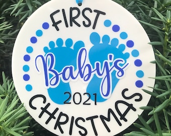 Baby's First Christmas Ornament - Acrylic Keepsake, Blue Footprints