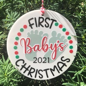 Baby’s First Christmas Ornament - 4” White Acrylic Disc Ornament / New Baby Ornament / Baby Girl / Baby Boy