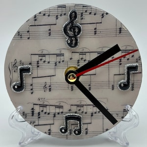 Upcycled CD Clock - 5” Desk/Table Clock - Repurposed CD Clock - Unique, One-of-a-Kind Gift - Music NotesBlack and White Clock