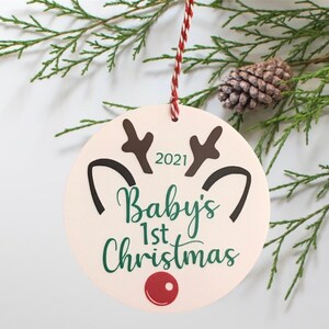 Babys First Christmas Reindeer Ornament 4 White Acrylic Disc Ornament, Baby Girl Ornament, Baby Boy Ornament, New Baby Ornament image 2