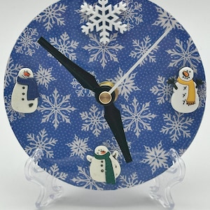 Christmas Clocks - Winter Clocks - Upcycled CD Clock - Repurposed CD Clock - Snowman Clock - One-of-a-Kind Gift - 5&quot; Wall, Desk or Table
