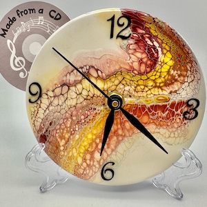 5&quot; Desk or Table Clock - Upcycled CD Clock - Repurposed CD Clock - Hand Painted Clock - Unique, One-of-a-Kind Gift - Rust/Yellow/Brown Clock