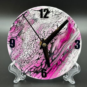 Hand Painted, Upcycled CD Clock - 5” Desk/Table Clock - Repurposed CD Clock - Unique, One-of-a-Kind Gift - Pink, Black & White Clock