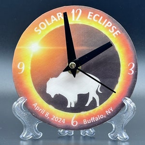 5" Eclipse Desk or Table Clock. Upcycled CD Clock, Repurposed CD Clock, Decoupaged Clock, Unique, One-of-a-Kind Gift, Large Buffalo Design