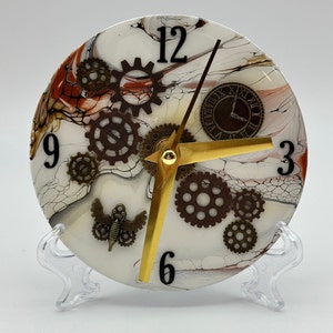 Steampunk Design Clock - Upcycled CD Clock - Repurposed CD Clock - Table, Desk or Wall Clock - Unique, One-of-a-Kind Gift - 5&quot; Clock