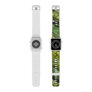 May include: A white Apple Watch with a green and yellow abstract pattern watch band. The watch face is black with white numbers and hands.