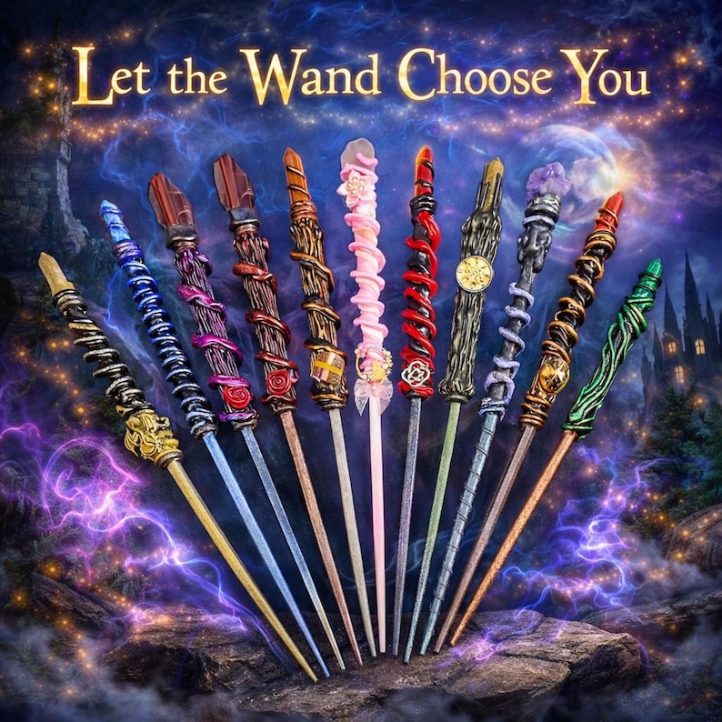 K&ouml;nnte beinhalten: Neun detailreich gestaltete Zauberst&auml;be in verschiedenen Farben und Designs, angeordnet in F&auml;cherform vor einem mystischen Hintergrund. Der goldene Text lautet "Let the Wand Choose You".
