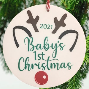 Babys First Christmas Reindeer Ornament 4 White Acrylic Disc Ornament, Baby Girl Ornament, Baby Boy Ornament, New Baby Ornament image 3