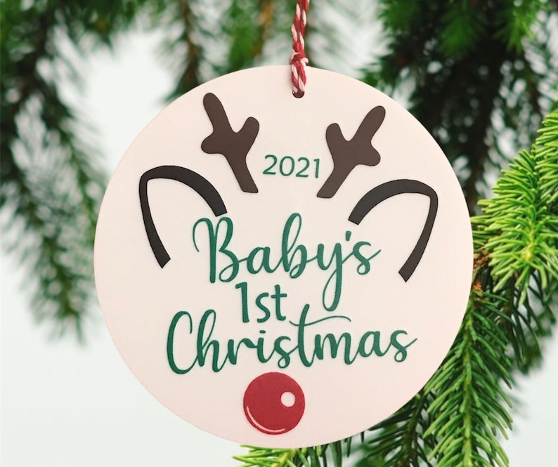 Babys First Christmas Reindeer Ornament 4 White Acrylic Disc Ornament, Baby Girl Ornament, Baby Boy Ornament, New Baby Ornament image 1