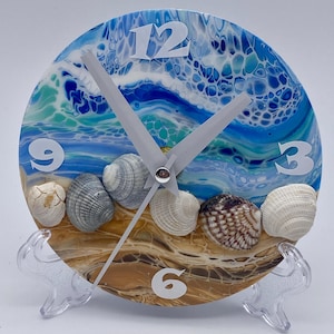 Beach Seashell Clock - Upcycled/Repurposed CD or Record Clock - Hand Painted Clock - Unique, One-of-a-Kind Gift - Lake Clock - 5:00 Clock
